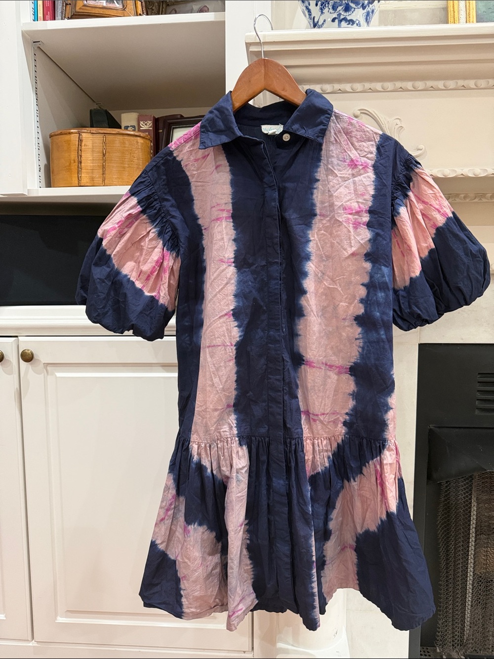 Wknd Frock It Bolder Tie Dye Shirt Dress S Navy Pink Puff Sleeve Drop Waist Mini